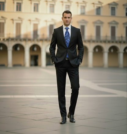 Man in a suit standing in an open square with classical architecture