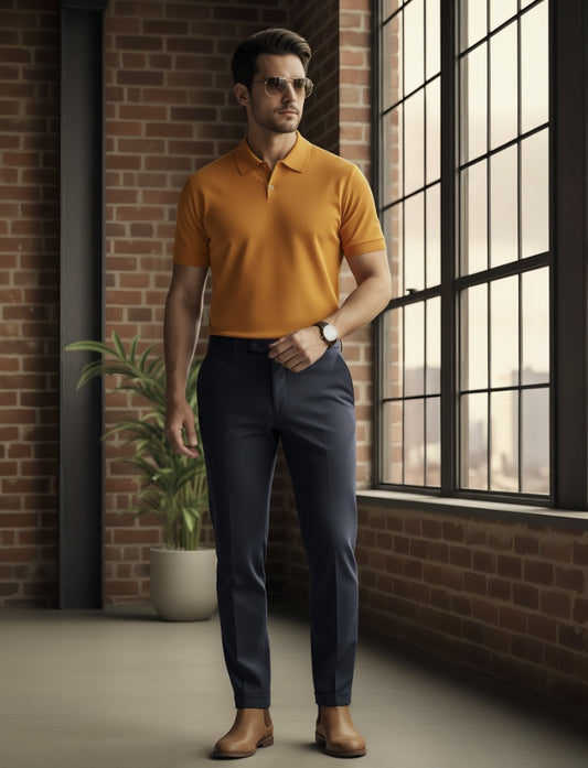 Man wearing a Orange polo shirt and dark pants standing in a room with brick walls and large windows.