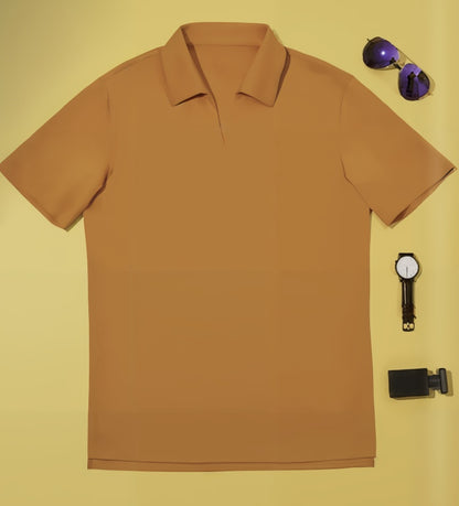 Orange polo shirt with sunglasses and a watch on a yellow background
