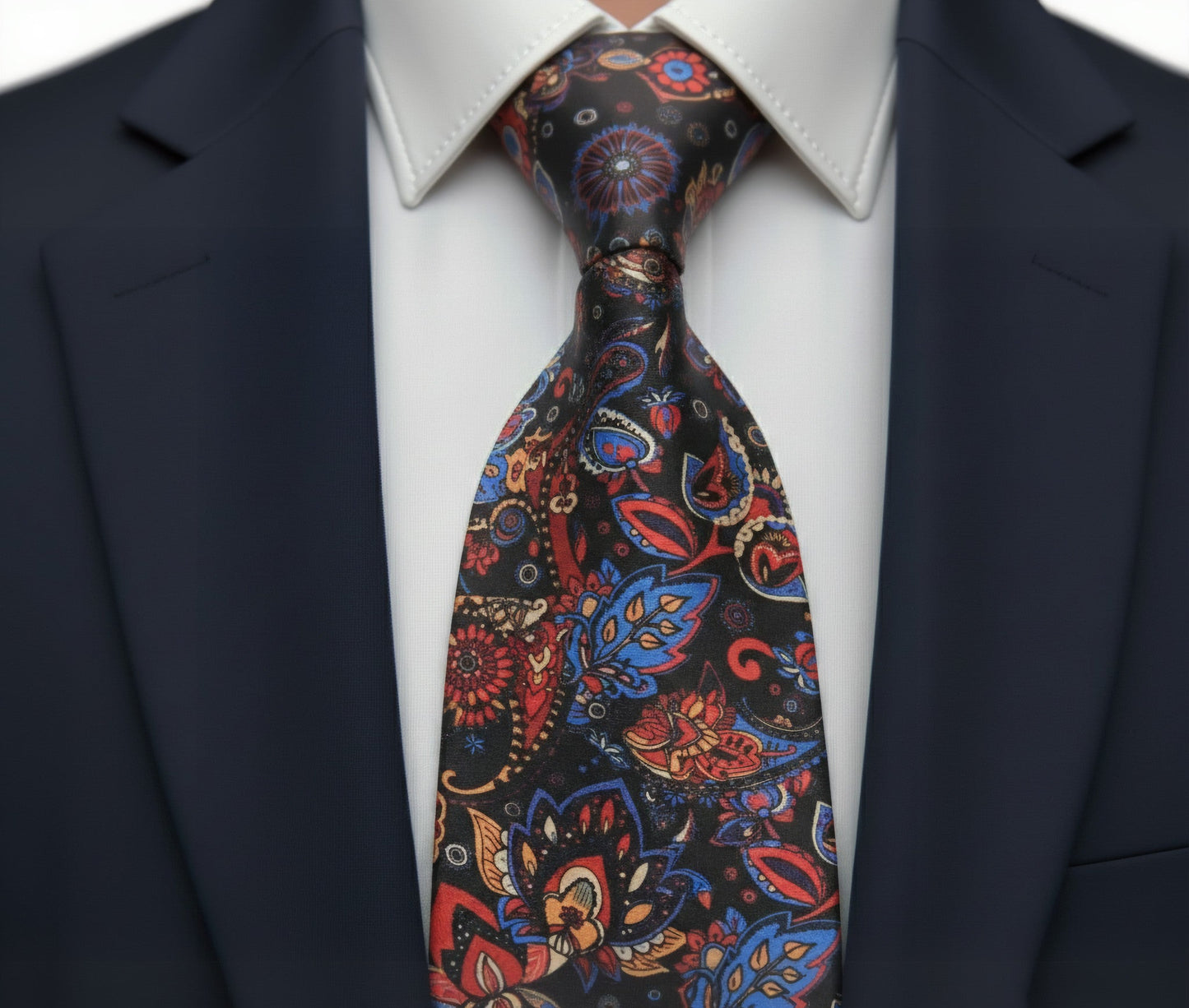 Patterned tie worn with a suit and white shirt, featuring the brand 'HBO'.