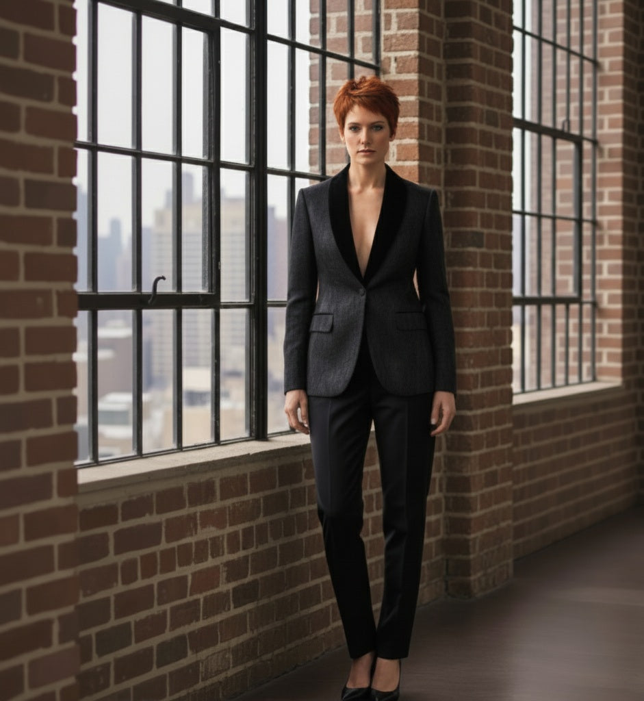 Person wearing a black suit standing in front of large windows with a brick wall background