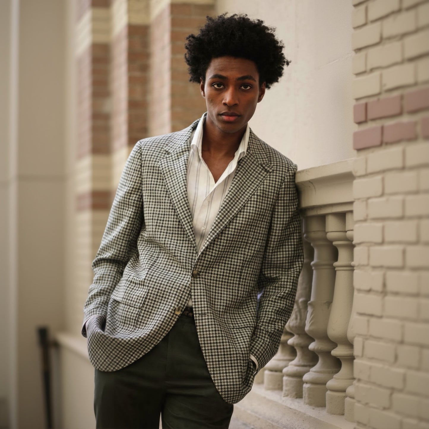 Person wearing a checkered blazer and white shirt against a stone wall background