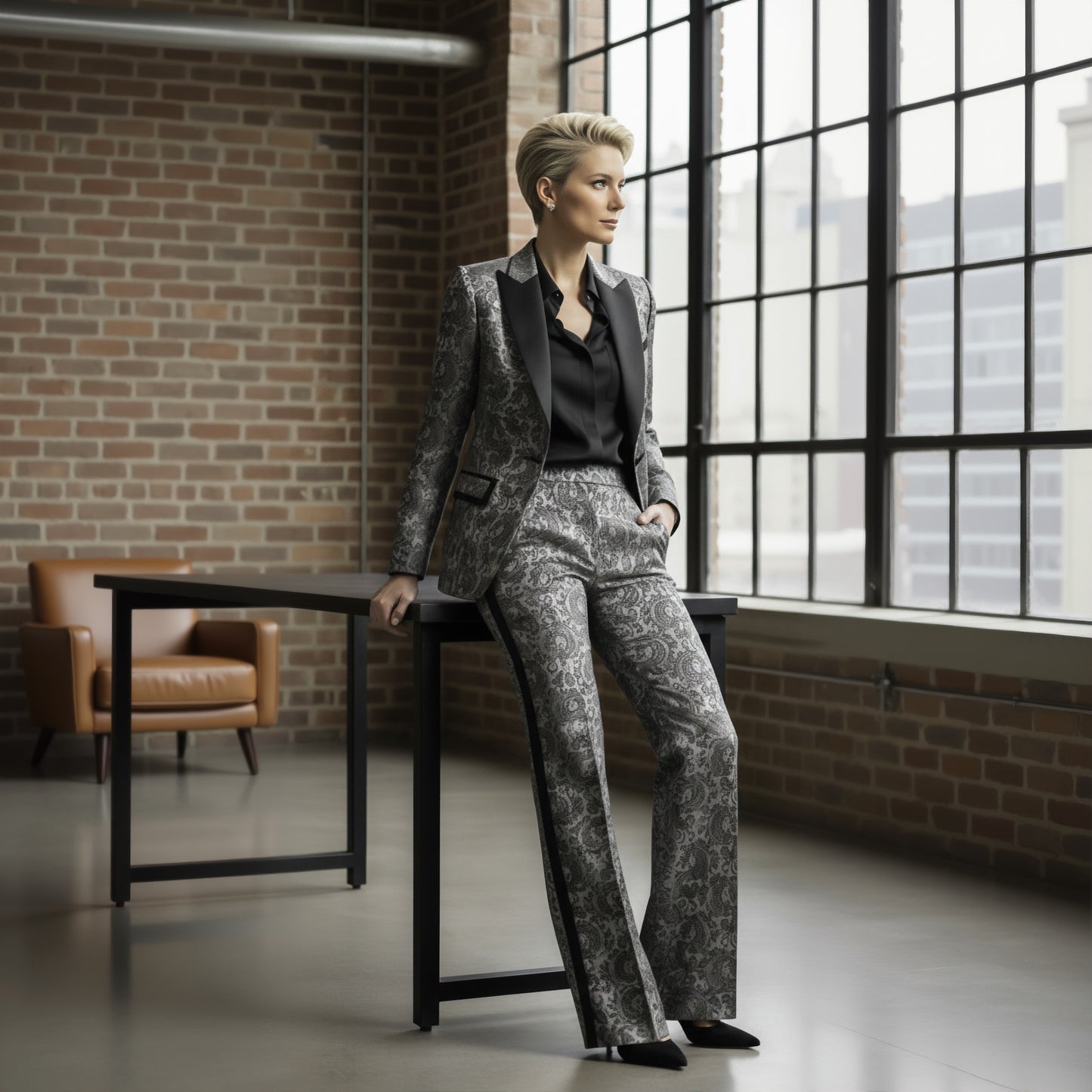 Person wearing a gray suit sitting in a room with large windows and brick walls.