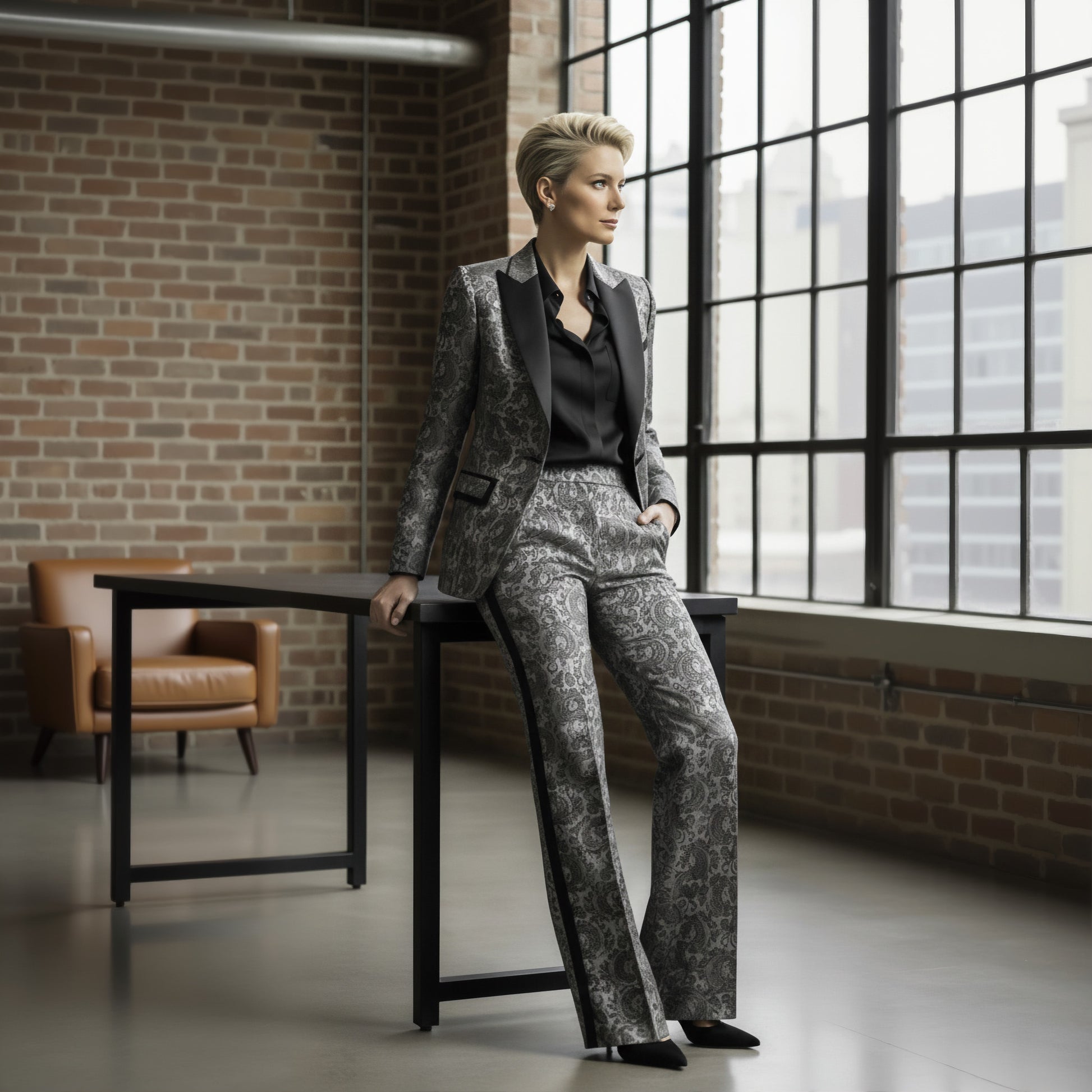 Person wearing a gray suit sitting in a room with large windows and brick walls.