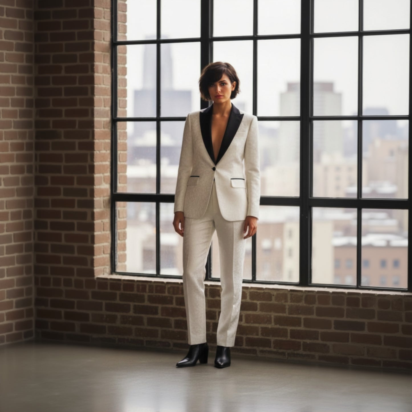 Person wearing a white suit with black lapels standing in front of large windows with a cityscape view.
