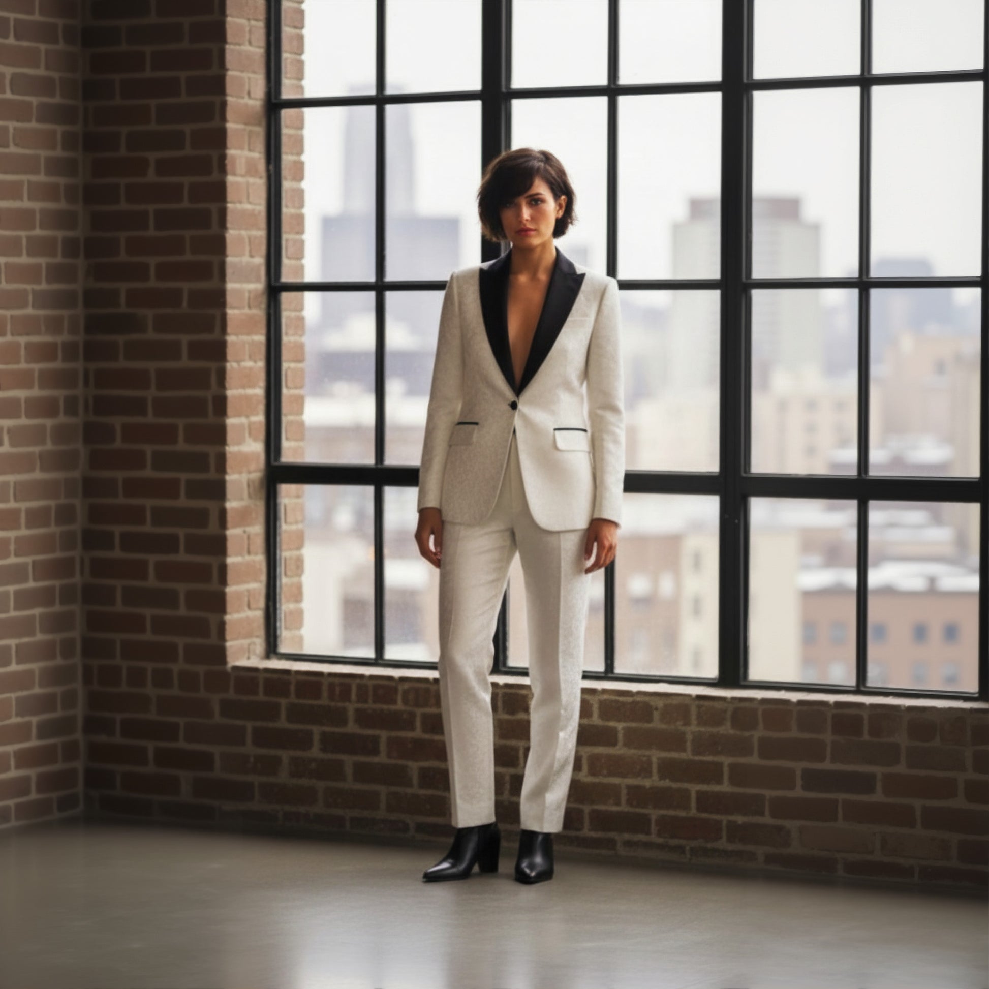 Person wearing a white suit with black lapels standing in front of large windows with a cityscape view.