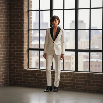 Person wearing a white suit with black lapels standing in front of large windows with a cityscape view.