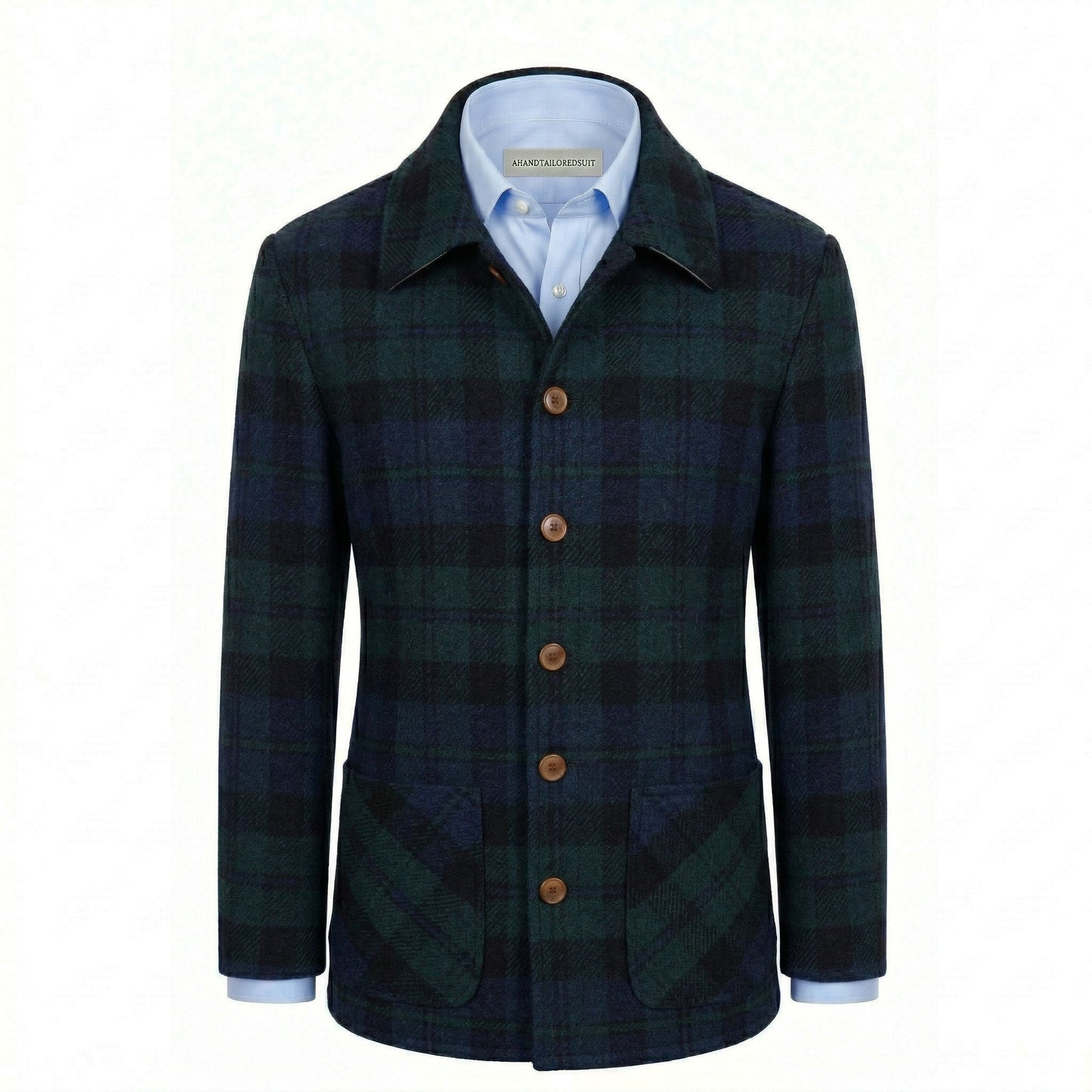 Plaid jacket with a white shirt underneath on a white background