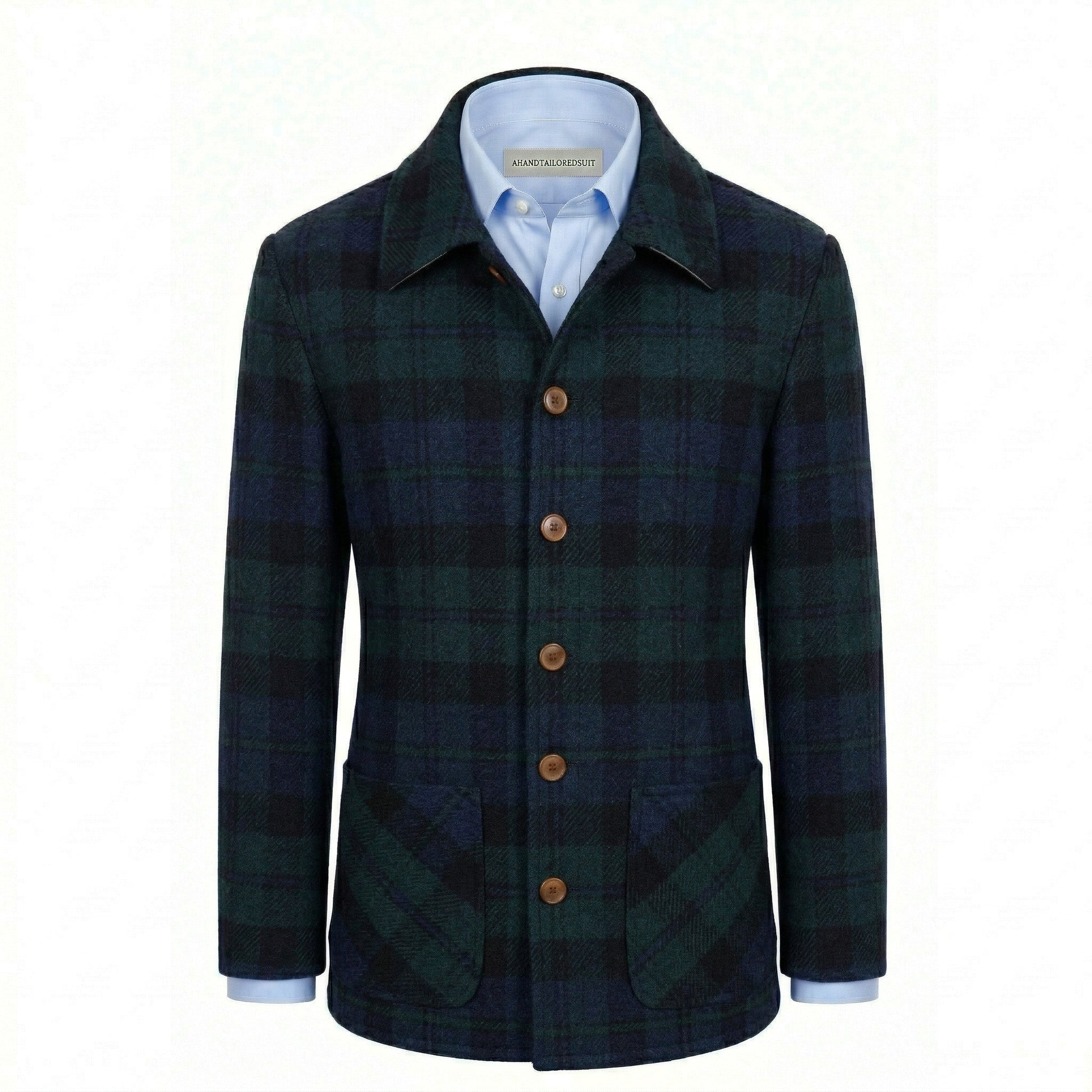 Plaid jacket with a white shirt underneath on a white background