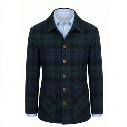 Plaid jacket with a white shirt underneath on a white background