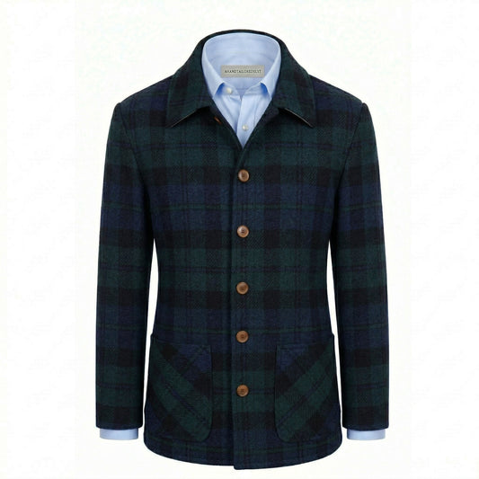 Plaid jacket with a white shirt underneath on a white background