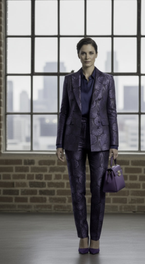 Woman in a purple suit standing in front of large windows with a cityscape view.