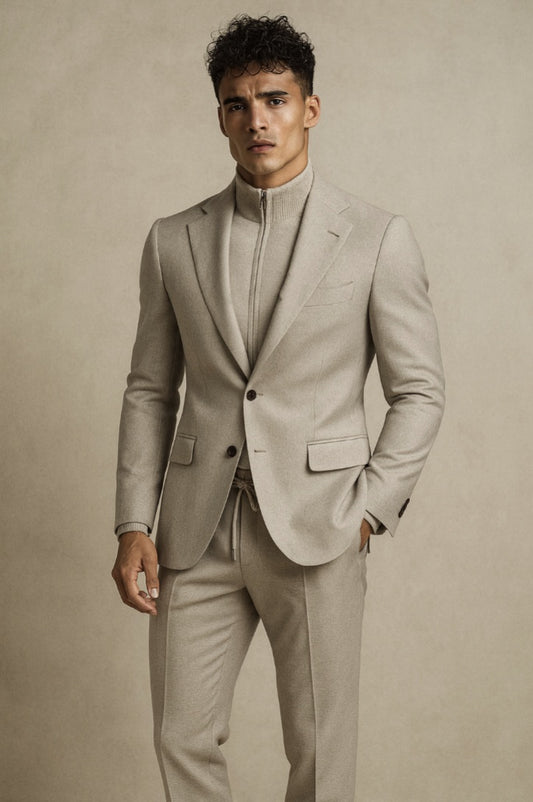 Professional man in beige contemporary bespoke suit with high-neck knit top - modern tailoring by A Hand Tailored Suit
