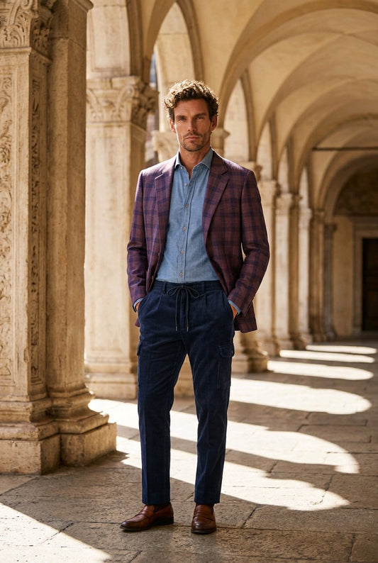 Purple/ Lilac Plaid Check Single Breasted Jacket and Blue Draw string Cord Trousers