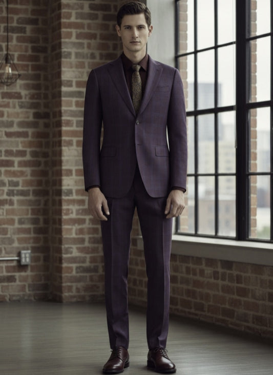 Purplish Red Check Single Breasted / Two Piece Suit Italian Pure Wool Super 110'S
