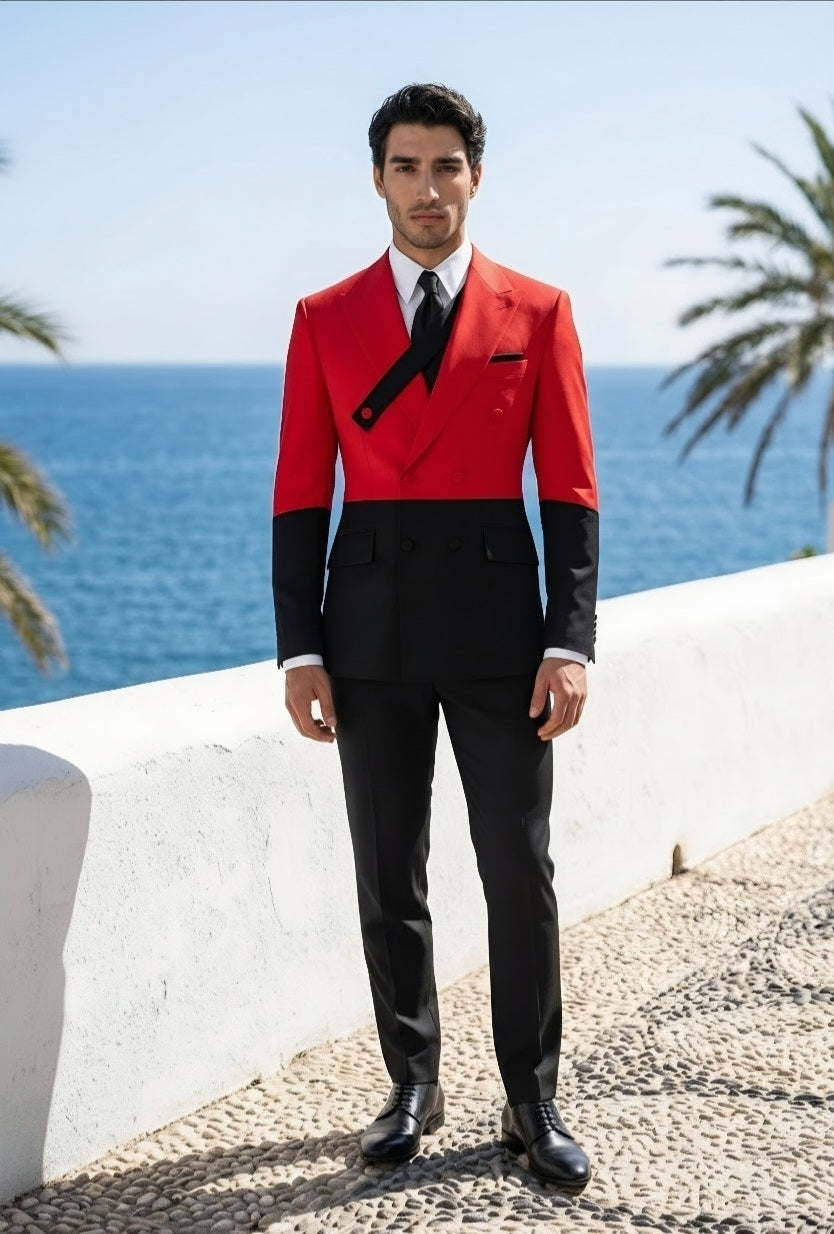 Red/ Black Double Breasted Tuxedo Jacket and Black Formal Trousers