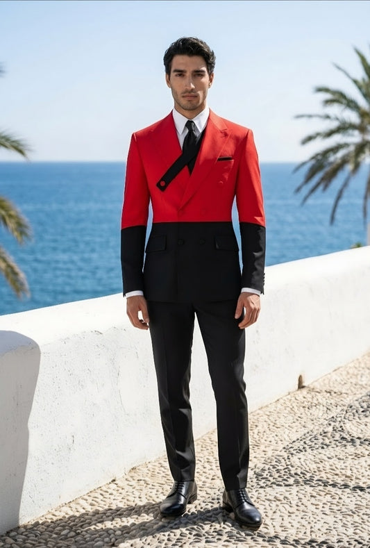 Red/ Black Double Breasted Tuxedo Jacket and Black Formal Trousers