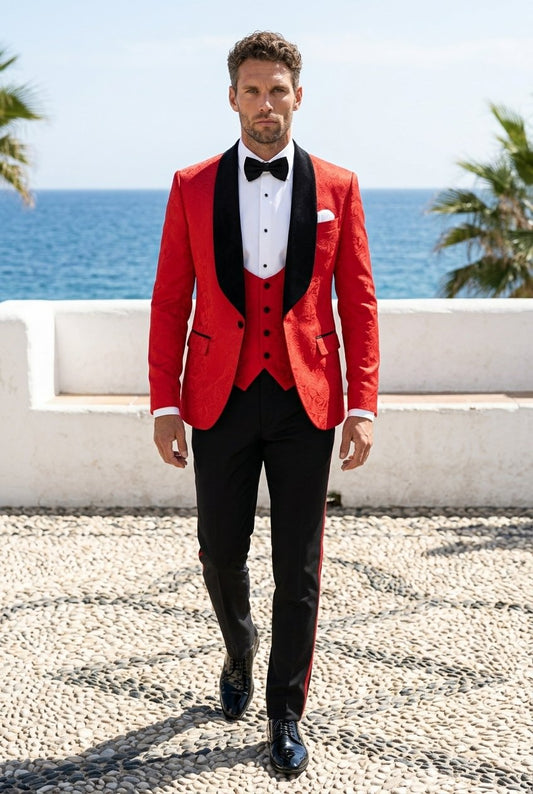 Red Single Breasted Jacquard Tuxedo Jacket + Waistcoat and Black Formal Trousers