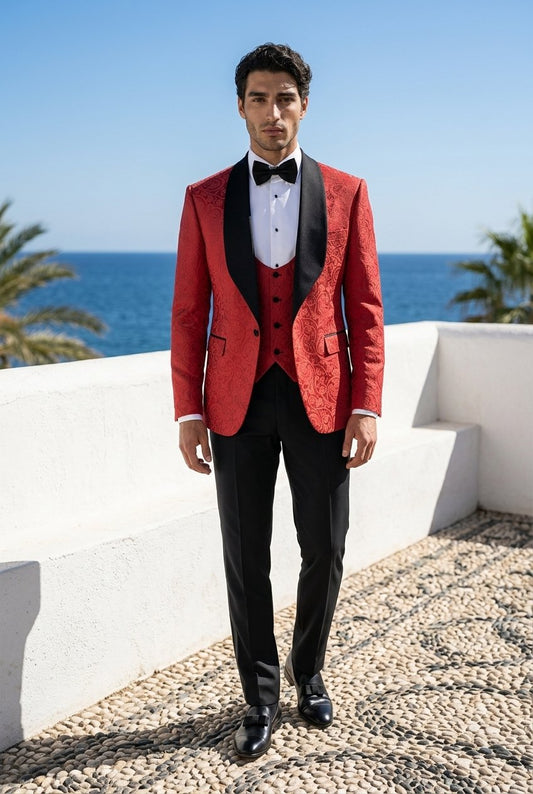 Red Single Breasted Jacquard Tuxedo Jacket + Waistcoat and Black Formal Trousers