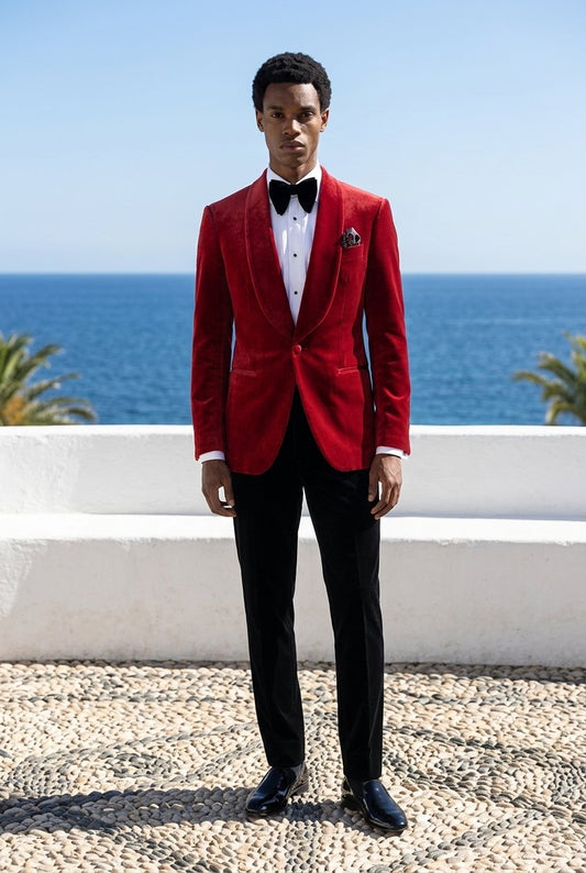 Red/ Velvet Single Breasted Tuxedo Jacket and Black Formal Trousers / Italian Pure Wool