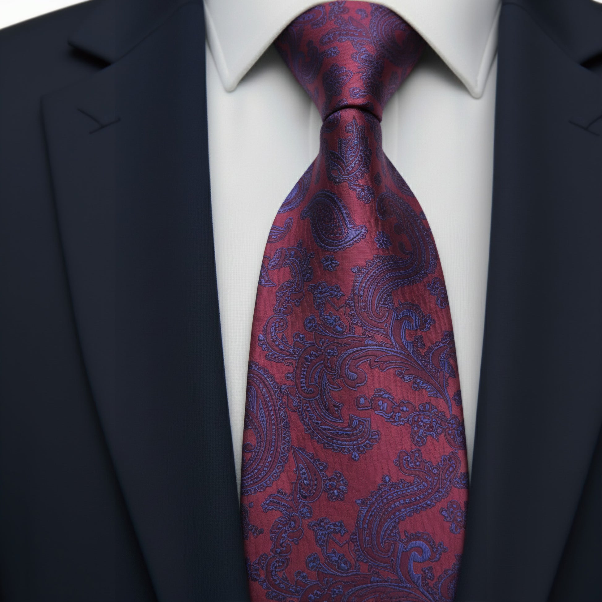 Red paisley tie on a black suit with a white shirt