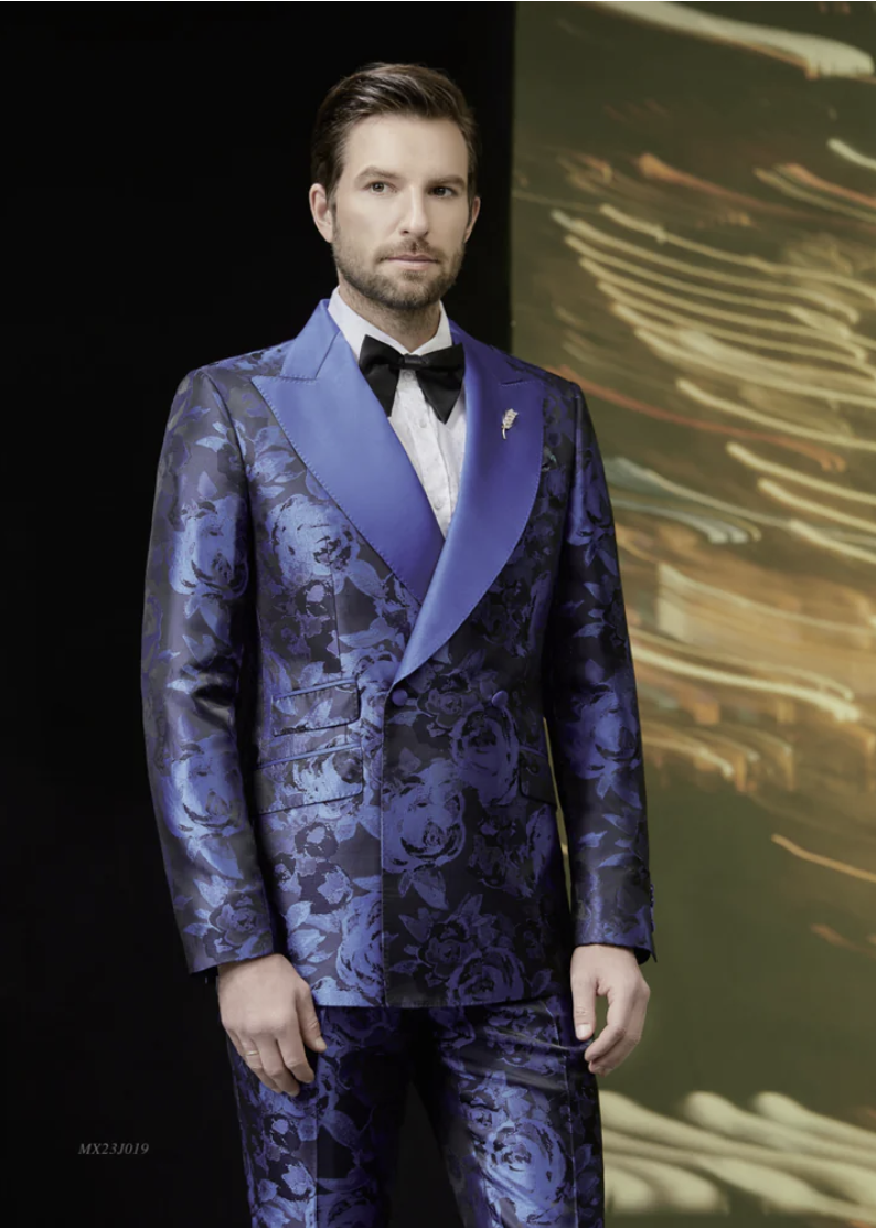 Tuxedo Blue and Navy Patterned Brocade Two Piece Suit  / Style Number J39144/200