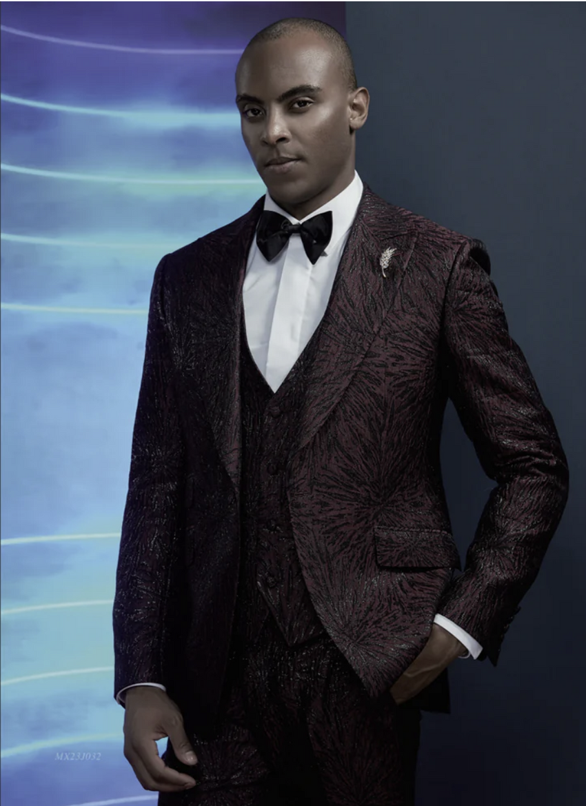 Tuxedo Burgundy and Black Patterned Jacquard Three Piece Suit / Style Number J39178/220