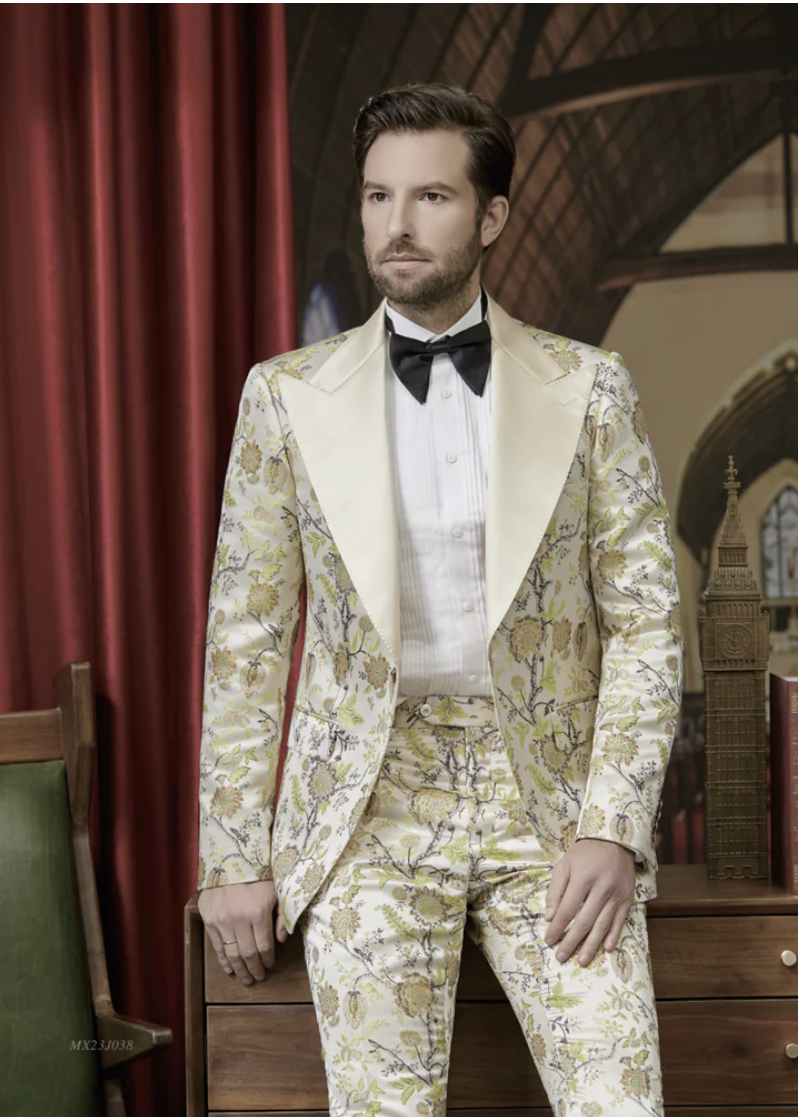 Tuxedo Cream and Green Floral Patterned Brocade Two Piece Suit / Style Number J39196/220