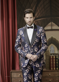 Tuxedo Navy and Pink Floral Patterned Brocade Two Piece Suit / Style Number J39202/220