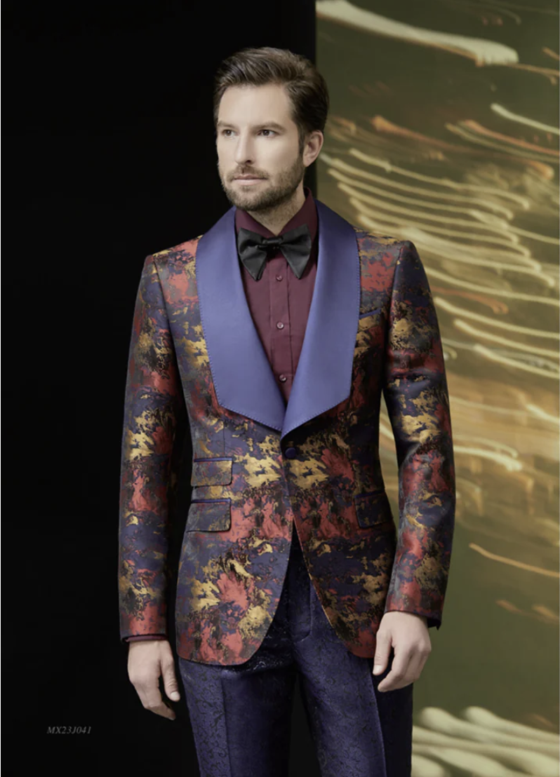 Tuxedo Navy and Red and Gold Patterned Brocade Two Piece Suit / Style Number J39204/220