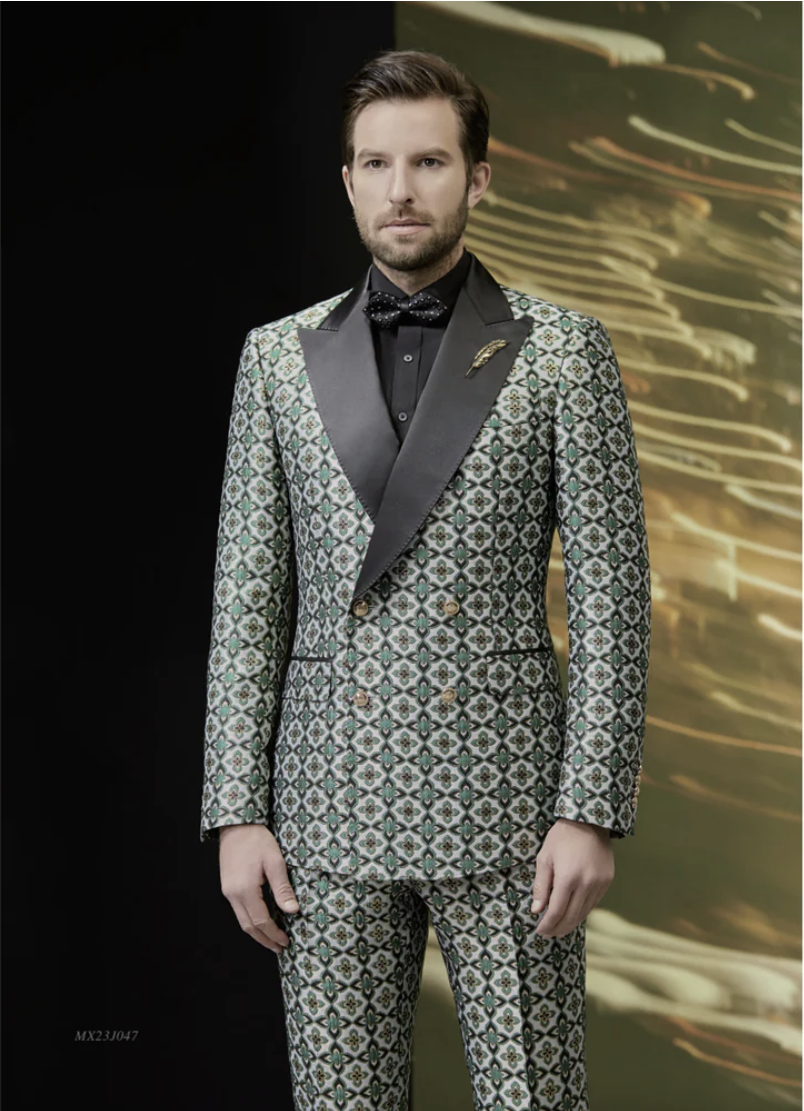 Tuxedo Green and Black/ White Floral Brocade Two Piece Suit / Style Number J39221/220