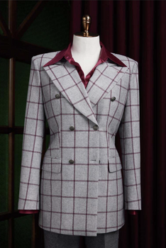 Grey-Wine Women's Double Breasted Check Wool Jacket  / Style No DBV084A