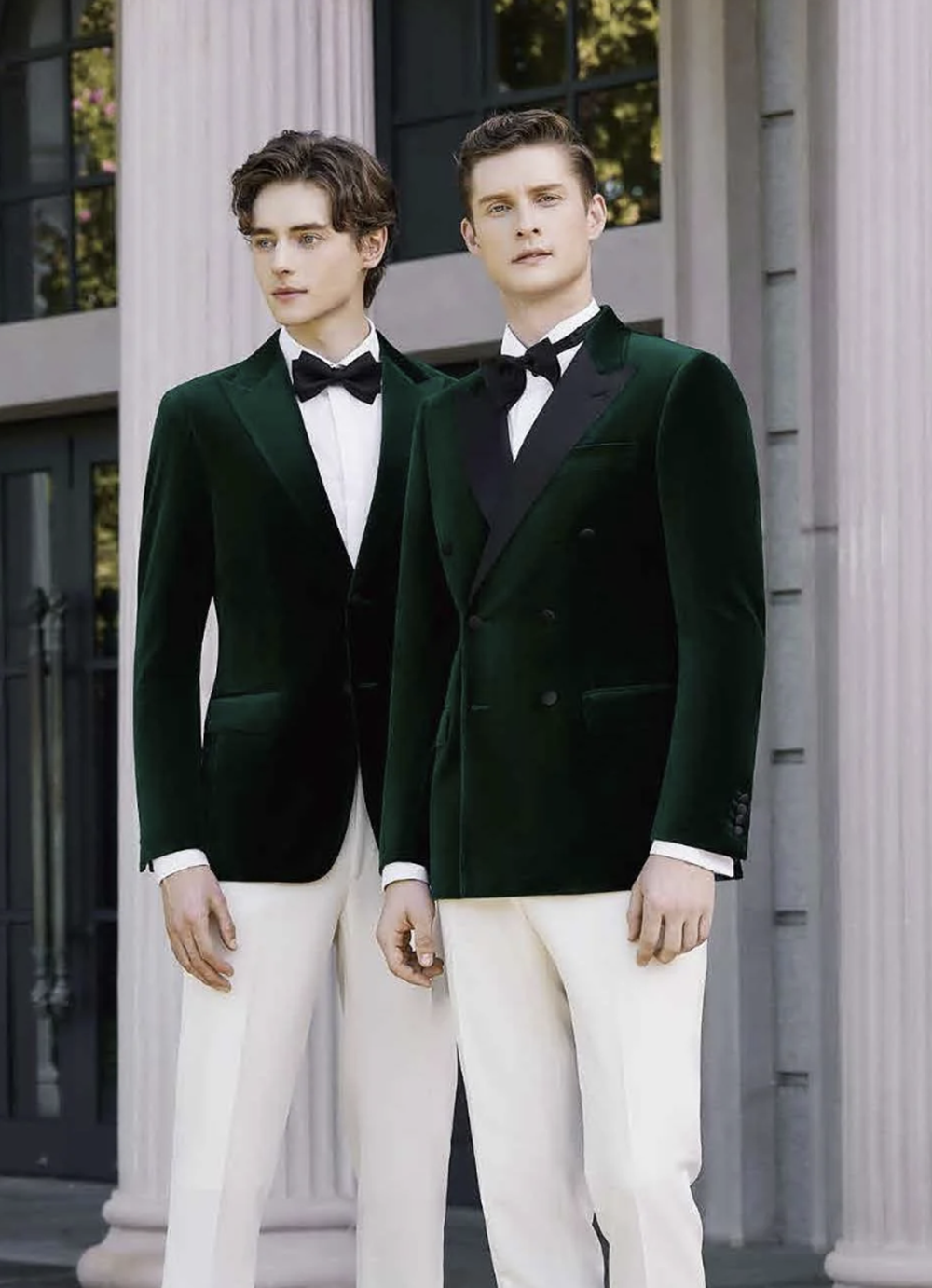 Green Velvet Double Breasted Evening Jacket /Plus White Evening Trousers Suit Italian Style No C52024030