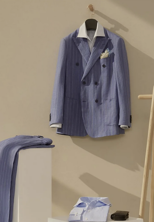 Soft Casual / Linen Double Breasted Blue Chalk Stripe Jacket Style No DJJ0071