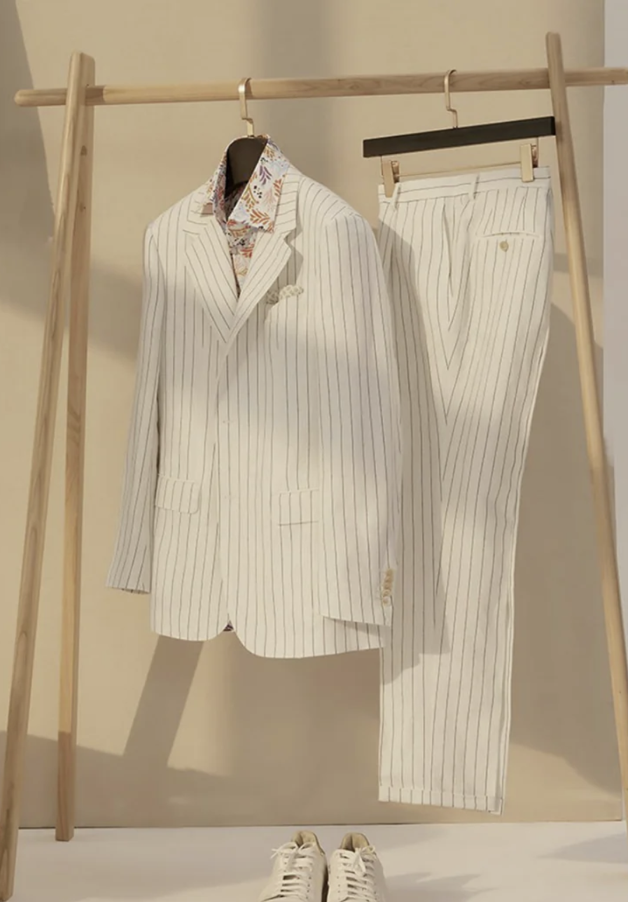 Soft Casual / Linen Single Breasted White and Black Stripe Jacket Style No DJJ0074