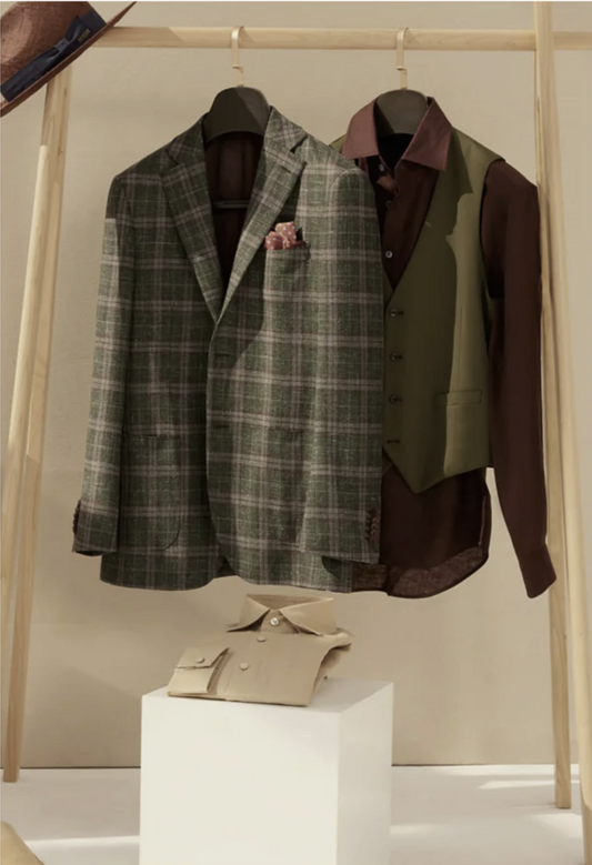 Soft Casual / Wool - Linen Single Breasted Green Check Jacket Style No DZZ0049