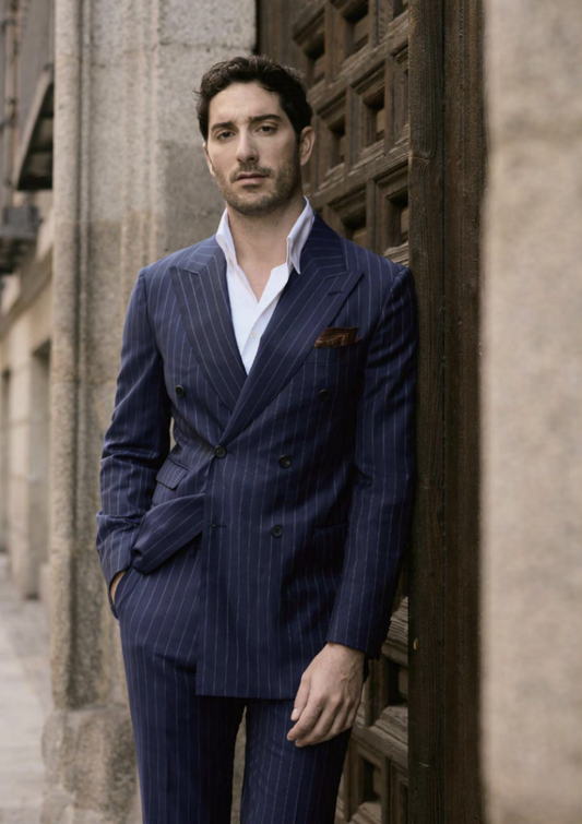 Italian Double Breasted Pinstripe / Pure Wool / Two Piece Suit/ Weft Stretch / Wrinkle Resistant