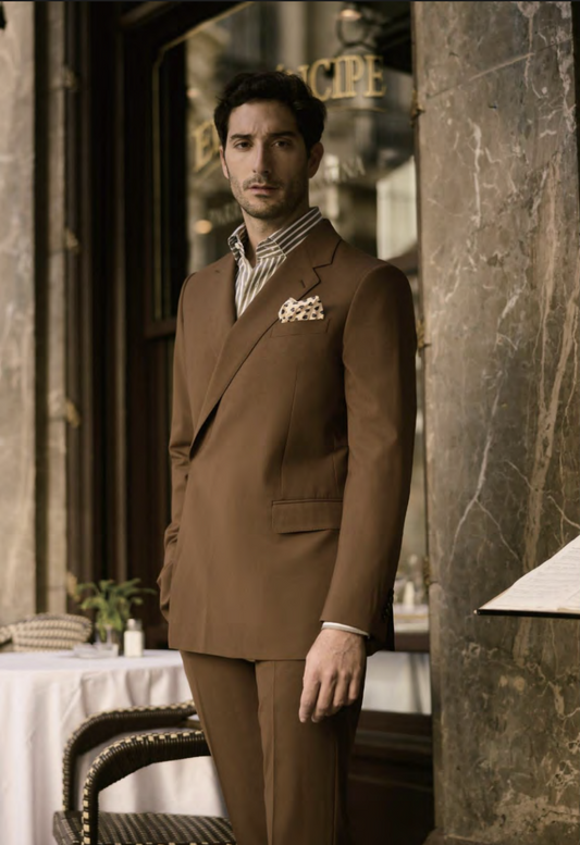 Italian Tabaco Double Breasted / Two Piece Suit/ Weft Stretch / Wrinkle Resistant