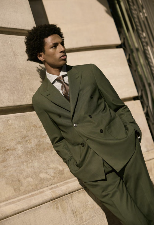 Italian Olive Double Breasted / Two Piece Suit/ Weft Stretch / Wrinkle Resistant