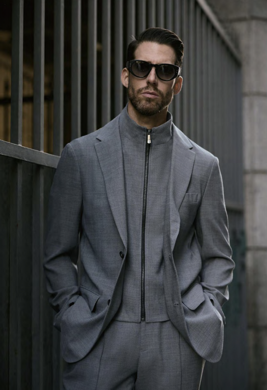 Italian Medium Grey /Wool Stretch Three Piece Suit/ Weft Stretch / Wrinkle Resistant
