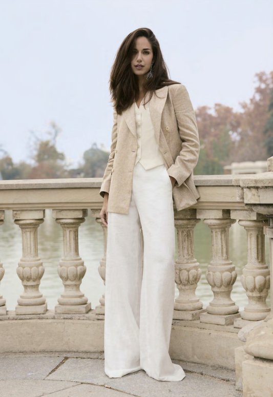 Italian Linen Tan Double Breasted Jacket Plus Ivory Waistcoat and White Trousers / Women's