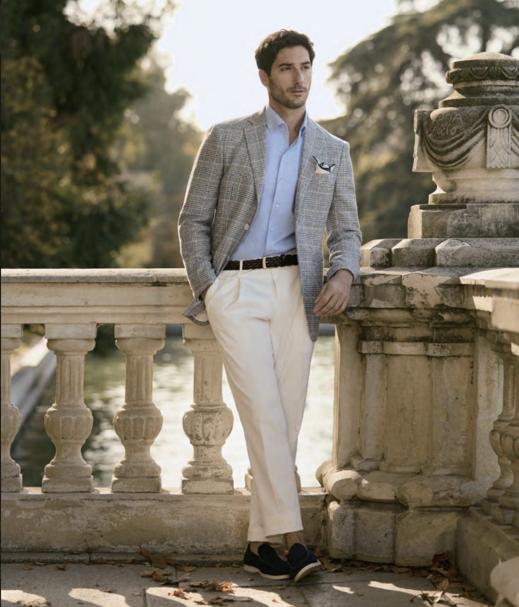 Italian White & Navy /Check Two Buttons Linen Jacket Plus White Trousers