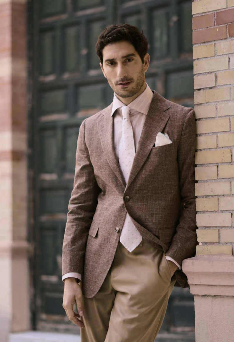 Italian Brown Linen & Cotton Jacket Plus Beige Chino Trousers