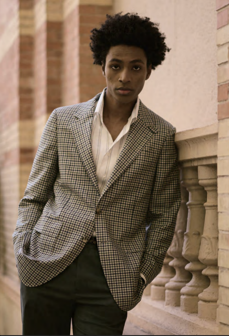 Italian Ivory Green & Navy Check Wool & Linen & Silk Jacket Plus Dark Green Chino Trousers