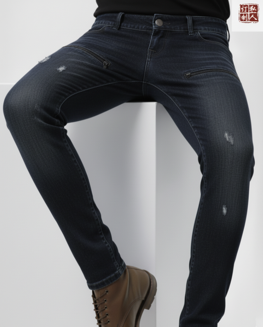 Special Edition Japanese Selvedge Fitted Denim Biker Ripped Jeans Navy