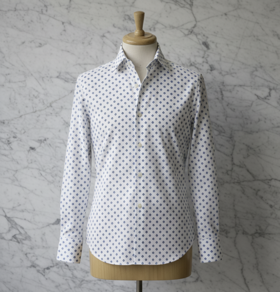 White and Blue Patterned Cotton/Stretch Shirt Style No 1095-2