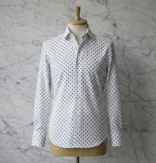 White and Blue Patterned Cotton/Stretch Shirt Style No 1095-2