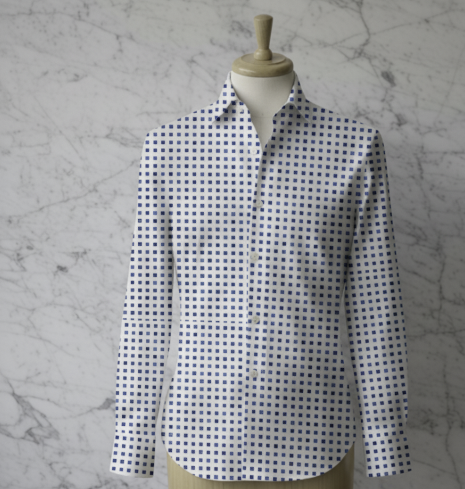 White and Navy Patterned Cotton/Stretch Shirt Style No: 1096-1