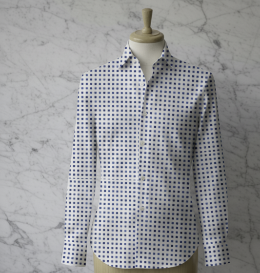 White and Navy Patterned Cotton/Stretch Shirt Style No: 1096-1