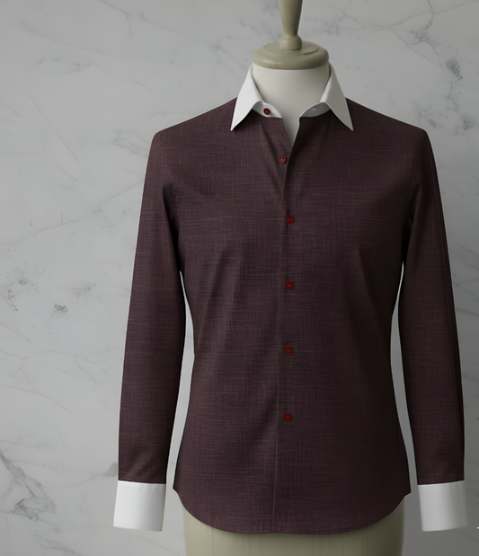 Burgundy Cotton/Texture Stretch Style White Collar and Cuffs  No: AE1010-6